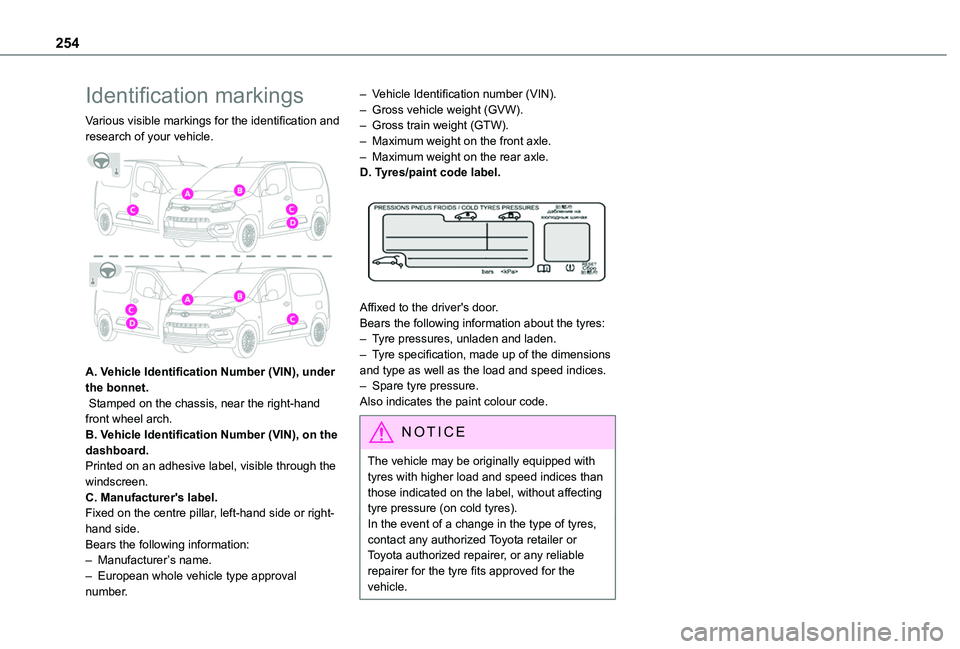 TOYOTA PROACE CITY EV 2021  Owners Manual 254
Identification markings
Various visible markings for the identification and research of your vehicle. 
 
A. Vehicle Identification Number (VIN), under the bonnet. Stamped on the chassis, near the 