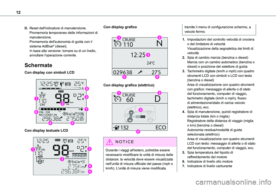 TOYOTA PROACE CITY EV 2021  Manuale duso (in Italian) 12
D.Reset dell'indicatore di manutenzione.Promemoria temporaneo delle informazioni di manutenzione.Promemoria dell'autonomia di guida con il sistema AdBlue® (diesel).In base alla versione: t