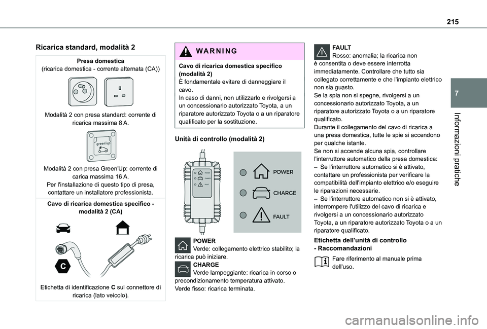 TOYOTA PROACE CITY EV 2021 Manuale duso (in Italian) 215
Informazioni pratiche
7
Ricarica standard, modalità 2
Presa domestica(ricarica domestica - corrente alternata (CA))
Modalità 2 con presa standard: corrente di ricarica massima 8 A.
Modalit TOYOTA PROACE CITY EV 2021 Manuale duso (in Italian) 215
Informazioni pratiche
7
Ricarica standard, modalità 2
Presa domestica(ricarica domestica - corrente alternata (CA))
Modalità 2 con presa standard: corrente di ricarica massima 8 A.
Modalit