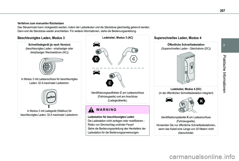 TOYOTA PROACE CITY EV 2021 Betriebsanleitungen (in German) 207
Praktische Informationen
7
Verfahren zum manuellen RücksetzenDas Steuermodul kann rückgesetzt werden, indem der Ladestecker und di\
e Steckdose gleichzeitig getrennt werden.Dann erst die Steckdo TOYOTA PROACE CITY EV 2021 Betriebsanleitungen (in German) 207
Praktische Informationen
7
Verfahren zum manuellen RücksetzenDas Steuermodul kann rückgesetzt werden, indem der Ladestecker und di\
e Steckdose gleichzeitig getrennt werden.Dann erst die Steckdo