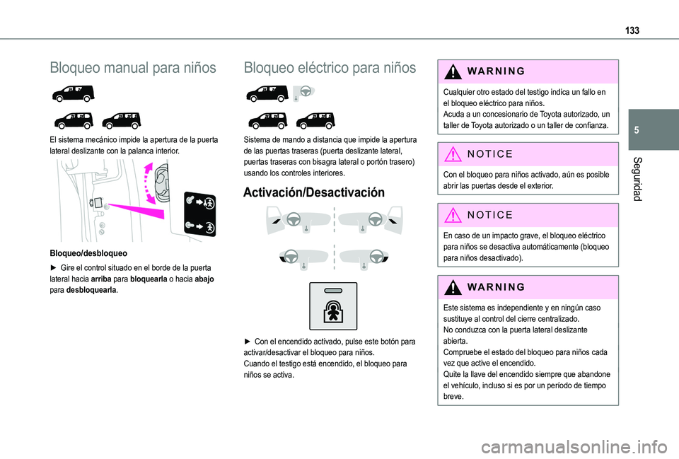 TOYOTA PROACE CITY EV 2021 Manuale de Empleo (in Spanish) 133
Seguridad
5
Bloqueo manual para niños
El sistema mecánico impide la apertura de la puerta lateral deslizante con la palanca interior.
Bloqueo/desbloqueo
► Gire el control situado en e TOYOTA PROACE CITY EV 2021 Manuale de Empleo (in Spanish) 133
Seguridad
5
Bloqueo manual para niños
El sistema mecánico impide la apertura de la puerta lateral deslizante con la palanca interior.
Bloqueo/desbloqueo
► Gire el control situado en e