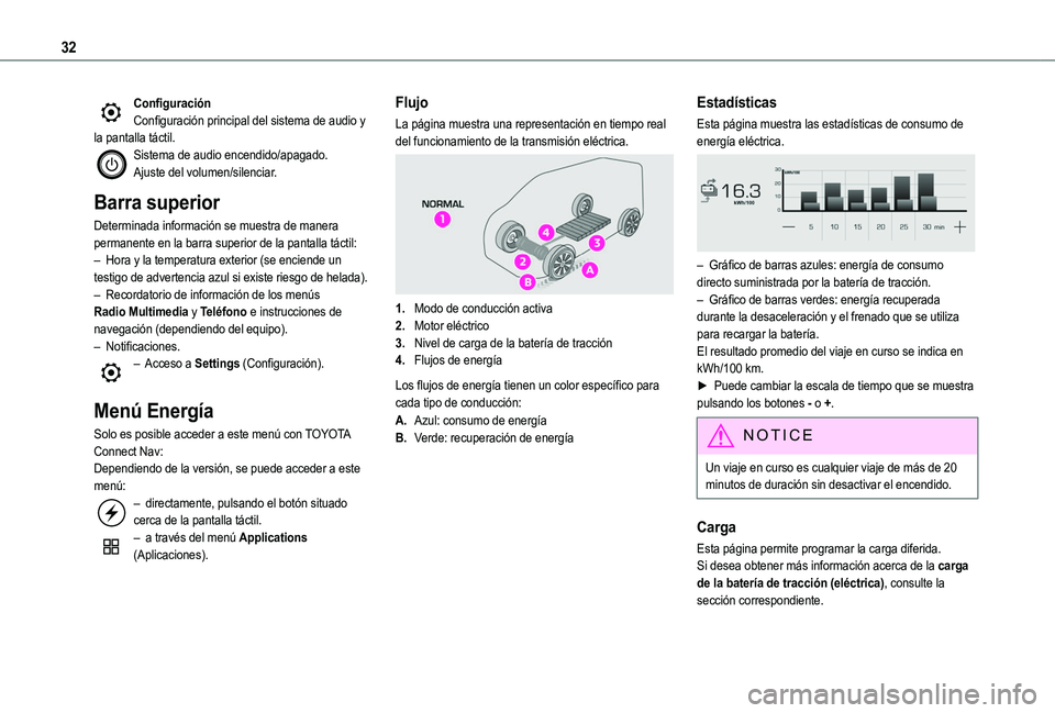 TOYOTA PROACE CITY EV 2021 Manuale de Empleo (in Spanish) 32
ConfiguraciónConfiguración principal del sistema de audio y la pantalla táctil.Sistema de audio encendido/apagado.Ajuste del volumen/silenciar.
Barra superior
Determinada información se muestra TOYOTA PROACE CITY EV 2021 Manuale de Empleo (in Spanish) 32
ConfiguraciónConfiguración principal del sistema de audio y la pantalla táctil.Sistema de audio encendido/apagado.Ajuste del volumen/silenciar.
Barra superior
Determinada información se muestra