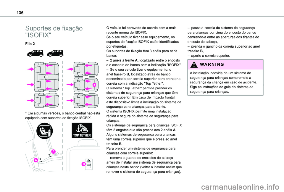 TOYOTA PROACE CITY EV 2021  Manual de utilização (in Portuguese) 136
Suportes de fixação 
"ISOFIX"
Fila 2 
  
 
* Em algumas versões, o banco central não está equipado com suportes de fixação ISOFIX. 
 
O veículo foi aprovado de acordo com a mais re