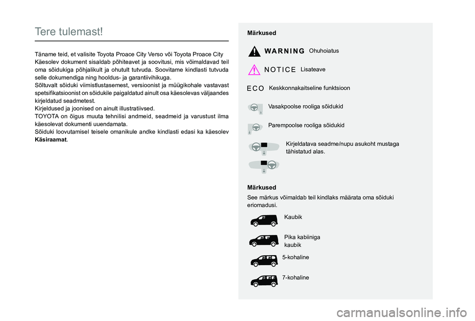 TOYOTA PROACE CITY EV 2021  Kasutusjuhend (in Estonian)  
  
 
  
 
  
  
  
  
   
   
 
  
   
   
   
Tere tulemast!
Täname teid, et valisite Toyota Proace City Verso või Toyota Proace CityKäesolev dokument sisaldab põhiteavet ja soovitusi, mis või
