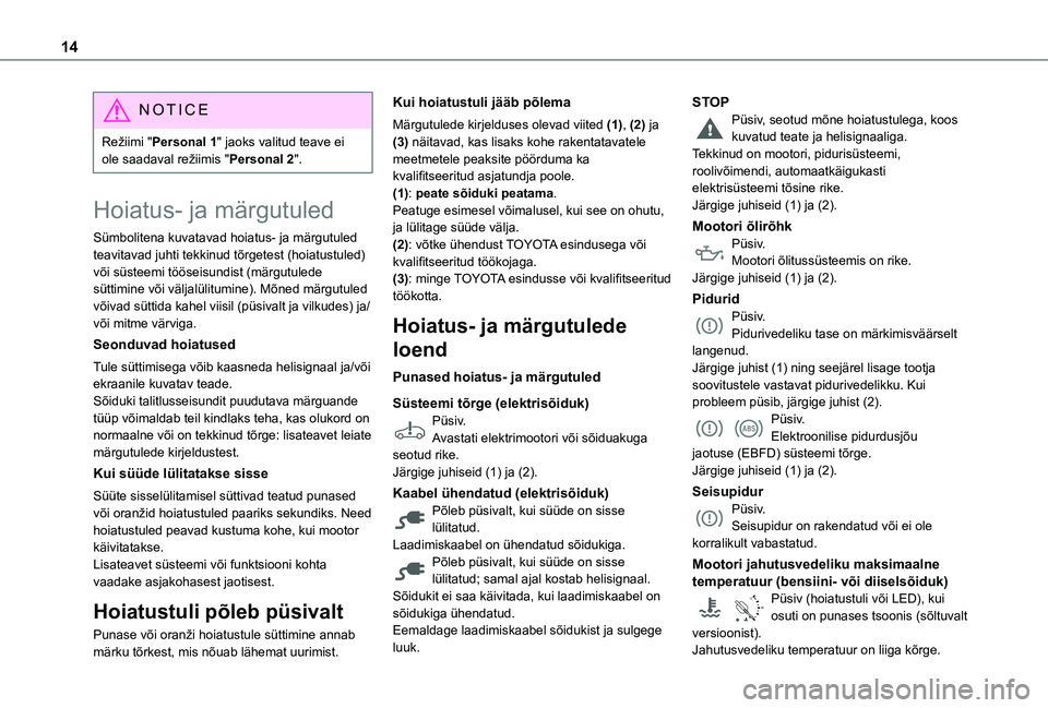 TOYOTA PROACE CITY EV 2021 Kasutusjuhend (in Estonian) 14
NOTIC E
Režiimi "Personal 1" jaoks valitud teave ei ole saadaval režiimis "Personal 2".
Hoiatus- ja märgutuled
Sümbolitena kuvatavad hoiatus- ja märgutuled teavitavad juhti tek TOYOTA PROACE CITY EV 2021 Kasutusjuhend (in Estonian) 14
NOTIC E
Režiimi "Personal 1" jaoks valitud teave ei ole saadaval režiimis "Personal 2".
Hoiatus- ja märgutuled
Sümbolitena kuvatavad hoiatus- ja märgutuled teavitavad juhti tek