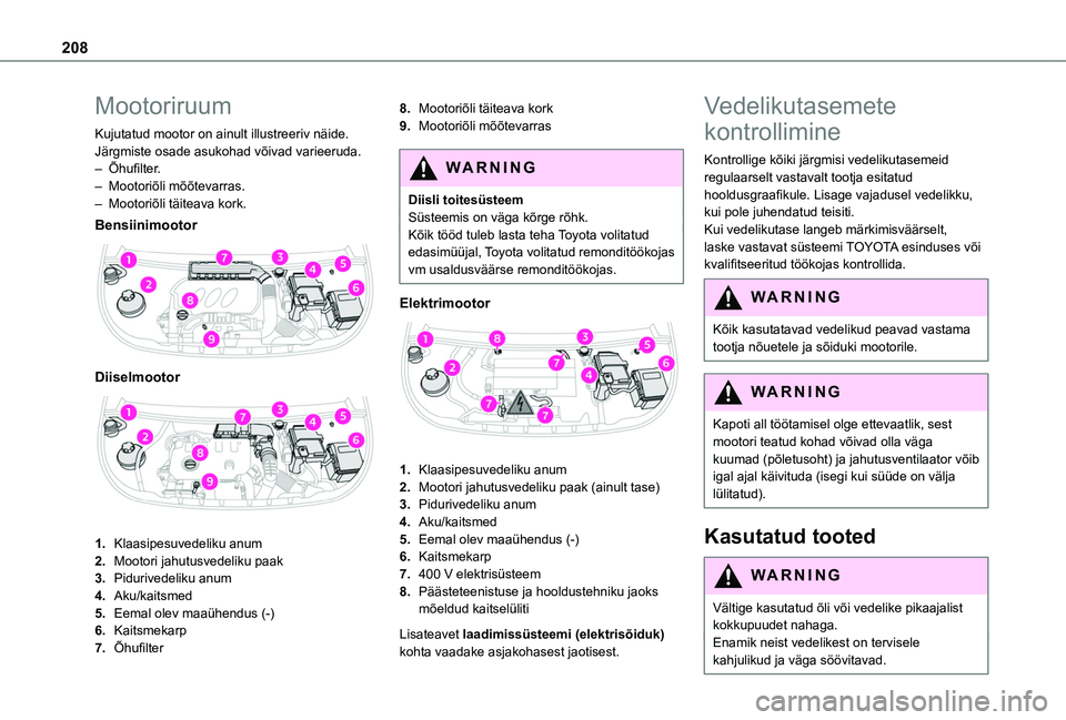 TOYOTA PROACE CITY EV 2021  Kasutusjuhend (in Estonian) 208
Mootoriruum
Kujutatud mootor on ainult illustreeriv näide.Järgmiste osade asukohad võivad varieeruda.– Õhufilter.– Mootoriõli mõõtevarras.– Mootoriõli täiteava kork.
Bensiinimootor 