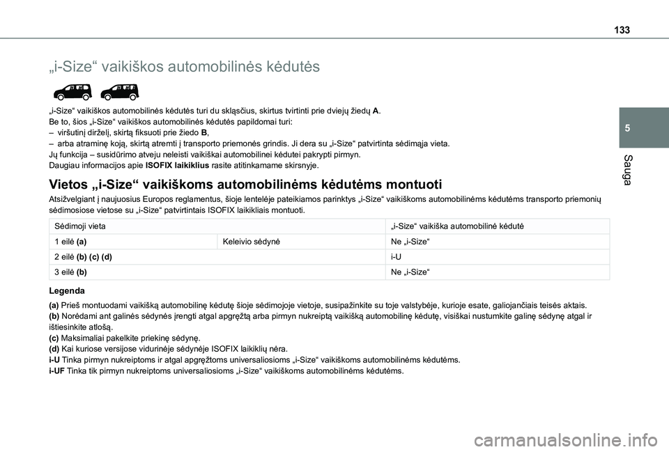 TOYOTA PROACE CITY EV 2021 Eksploatavimo vadovas (in Lithuanian) 133
Sauga
5
„i-Size“ vaikiškos automobilinės kėdutės
„i-Size“ vaikiškos automobilinės kėdutės turi du skląsčius, skirtus tvirtinti prie dviejų žiedų A.Be to, šios „i-Size“ TOYOTA PROACE CITY EV 2021 Eksploatavimo vadovas (in Lithuanian) 133
Sauga
5
„i-Size“ vaikiškos automobilinės kėdutės
„i-Size“ vaikiškos automobilinės kėdutės turi du skląsčius, skirtus tvirtinti prie dviejų žiedų A.Be to, šios „i-Size“