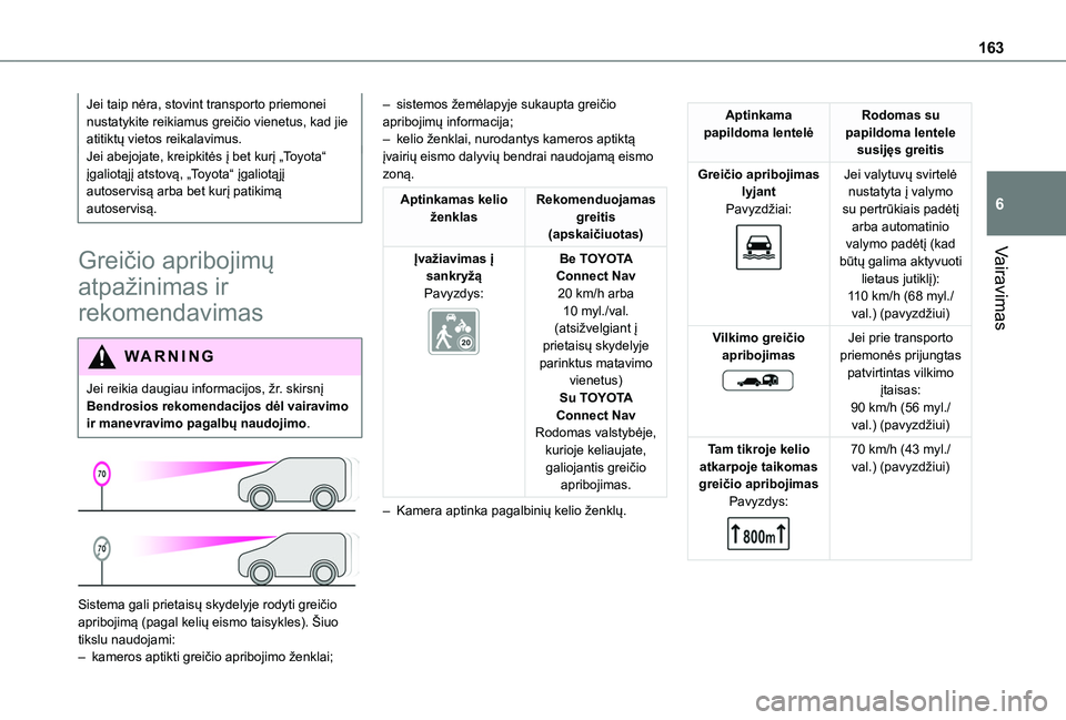 TOYOTA PROACE CITY EV 2021 Eksploatavimo vadovas (in Lithuanian) 163
Vairavimas
6
Jei taip nėra, stovint transporto priemonei nustatykite reikiamus greičio vienetus, kad jie atitiktų vietos reikalavimus.Jei abejojate, kreipkitės į bet kurį „Toyota“ įgali TOYOTA PROACE CITY EV 2021 Eksploatavimo vadovas (in Lithuanian) 163
Vairavimas
6
Jei taip nėra, stovint transporto priemonei nustatykite reikiamus greičio vienetus, kad jie atitiktų vietos reikalavimus.Jei abejojate, kreipkitės į bet kurį „Toyota“ įgali