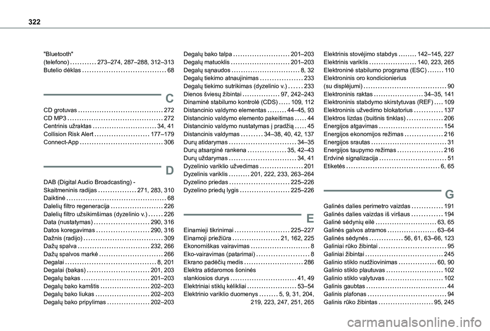 TOYOTA PROACE CITY EV 2021 Eksploatavimo vadovas (in Lithuanian) 322
"Bluetooth" (telefono) 273–274, 287–288, 312–313Butelio dėklas 68
C
CD grotuvas 272CD MP3 272Centrinis užraktas 34, 41Collision Risk Alert 177–179Connect-App 306
D TOYOTA PROACE CITY EV 2021 Eksploatavimo vadovas (in Lithuanian) 322
"Bluetooth" (telefono) 273–274, 287–288, 312–313Butelio dėklas 68
C
CD grotuvas 272CD MP3 272Centrinis užraktas 34, 41Collision Risk Alert 177–179Connect-App 306
D