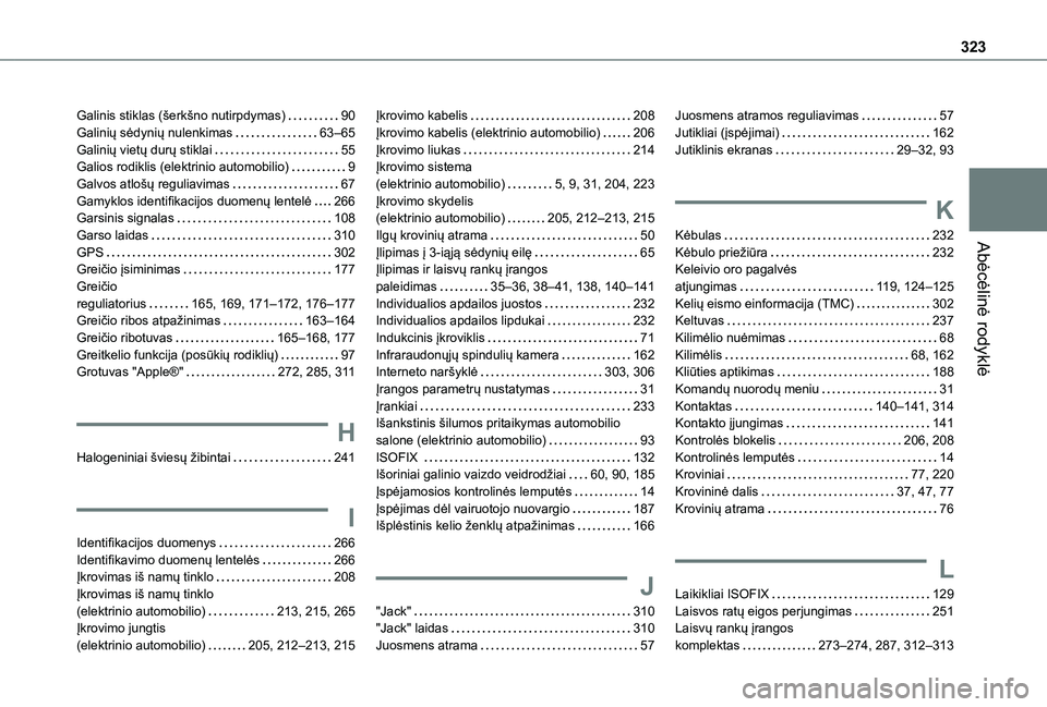 TOYOTA PROACE CITY EV 2021 Eksploatavimo vadovas (in Lithuanian) 323
Abėcėlinė rodyklė
Galinis stiklas (šerkšno nutirpdymas) 90Galinių sėdynių nulenkimas 63–65Galinių vietų durų stiklai 55Galios rodiklis (elektrinio automobilio) 9Galvos atloš TOYOTA PROACE CITY EV 2021 Eksploatavimo vadovas (in Lithuanian) 323
Abėcėlinė rodyklė
Galinis stiklas (šerkšno nutirpdymas) 90Galinių sėdynių nulenkimas 63–65Galinių vietų durų stiklai 55Galios rodiklis (elektrinio automobilio) 9Galvos atloš