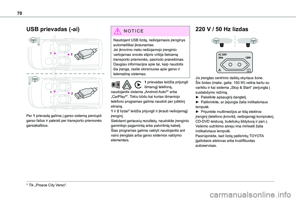 TOYOTA PROACE CITY EV 2021 Eksploatavimo vadovas (in Lithuanian) 70
USB prievadas (-ai)
Per 1 prievadą galima į garso sistemą persiųsti garso failus ir paleisti per transporto priemonės garsiakalbius.
* Tik „Proace City Verso“.
N OTIC E
Naudojant USB li TOYOTA PROACE CITY EV 2021 Eksploatavimo vadovas (in Lithuanian) 70
USB prievadas (-ai)
Per 1 prievadą galima į garso sistemą persiųsti garso failus ir paleisti per transporto priemonės garsiakalbius.
* Tik „Proace City Verso“.
N OTIC E
Naudojant USB li