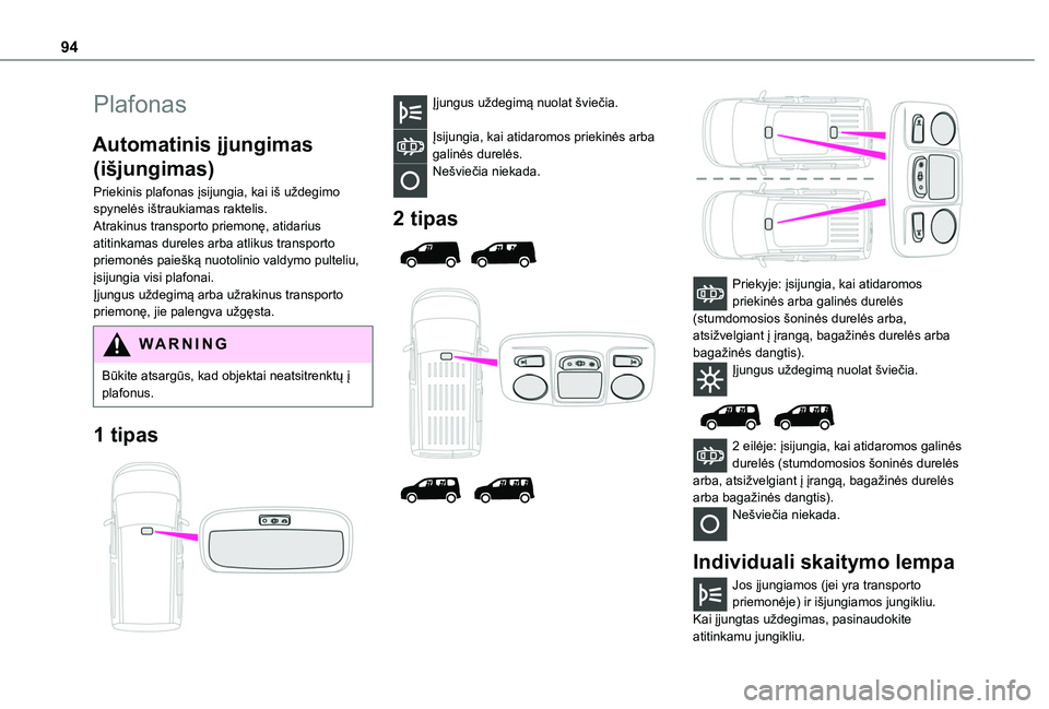 TOYOTA PROACE CITY EV 2021  Eksploatavimo vadovas (in Lithuanian) 94
Plafonas
Automatinis įjungimas 
(išjungimas)
Priekinis plafonas įsijungia, kai iš uždegimo spynelės ištraukiamas raktelis.Atrakinus transporto priemonę, atidarius atitinkamas dureles arba a
