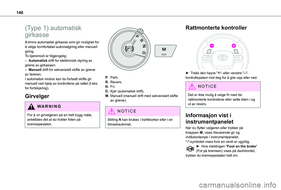 TOYOTA PROACE CITY EV 2021 Instruksjoner for bruk (in Norwegian) 140
(Type 1) automatisk
girkasse
8-trinns automatisk girkasse som gir mulighet for å velge komfortabel automatgiring eller manuell giring.To kjøremodi er tilgjengelig:– Automatisk drift for elekt TOYOTA PROACE CITY EV 2021 Instruksjoner for bruk (in Norwegian) 140
(Type 1) automatisk
girkasse
8-trinns automatisk girkasse som gir mulighet for å velge komfortabel automatgiring eller manuell giring.To kjøremodi er tilgjengelig:– Automatisk drift for elekt