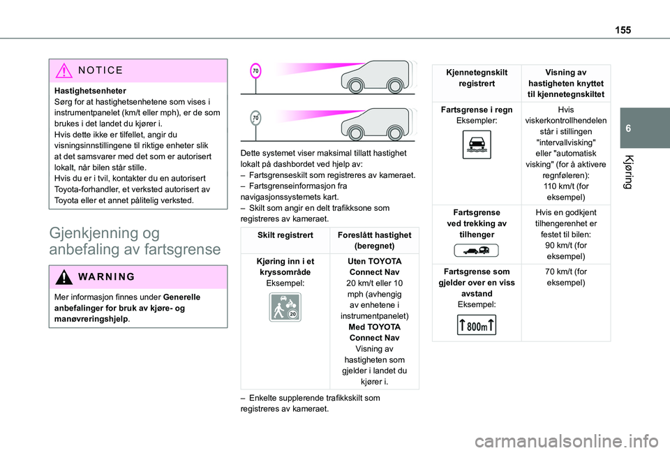 TOYOTA PROACE CITY EV 2021  Instruksjoner for bruk (in Norwegian) 155
Kjøring
6
NOTIC E
HastighetsenheterSørg for at hastighetsenhetene som vises i instrumentpanelet (km/t eller mph), er de som brukes i det landet du kjører i.Hvis dette ikke er tilfellet, angir d