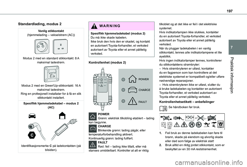 TOYOTA PROACE CITY EV 2021  Instruksjoner for bruk (in Norwegian) 197
Praktisk informasjon
7
Standardlading, modus 2
Vanlig stikkontakt(hjemmelading – vekselstrøm (AC)) 
 
Modus 2 med en standard stikkontakt: 8 A maksimal ladestrøm. 
 
Modus 2 med en Green'U