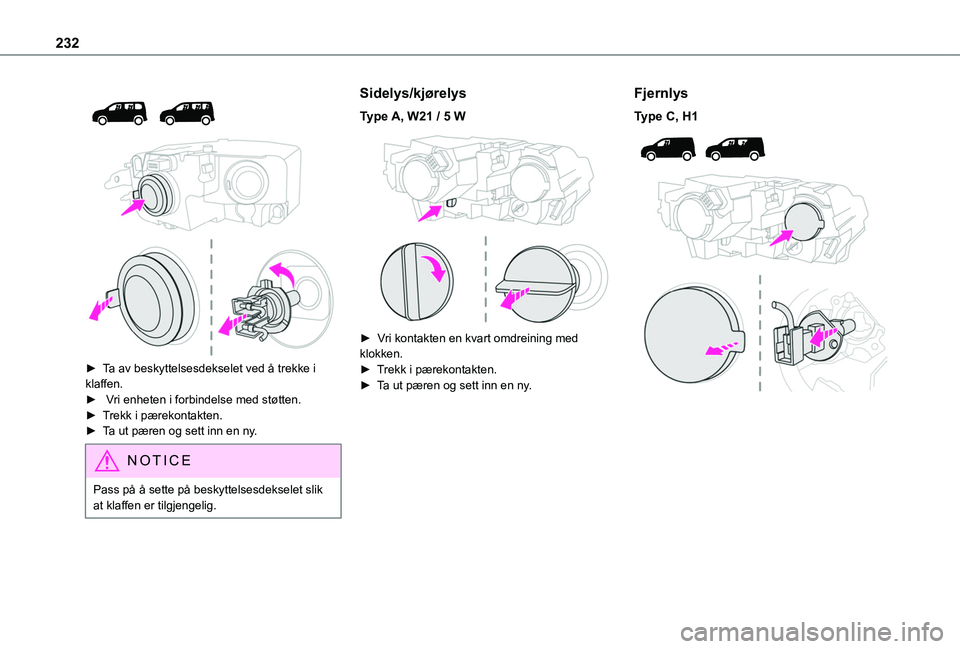 TOYOTA PROACE CITY EV 2021  Instruksjoner for bruk (in Norwegian) 232
 
  
 
► Ta av beskyttelsesdekselet ved å trekke i klaffen. ►   Vri enheten i forbindelse med støtten.► Trekk i pærekontakten.► Ta ut pæren og sett inn en ny.
NOTIC E
Pass på å sette