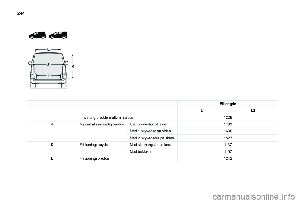 TOYOTA PROACE CITY EV 2021  Instruksjoner for bruk (in Norwegian) 244
 
  
 
Billengde
L1L2
IInnvendig bredde mellom hjulbuer1229
JMaksimal innvendig breddeUten skyvedør på siden1733
Med 1 skyvedør på siden1630
Med 2 skyvedører på siden1527
KFri åpningshøyde