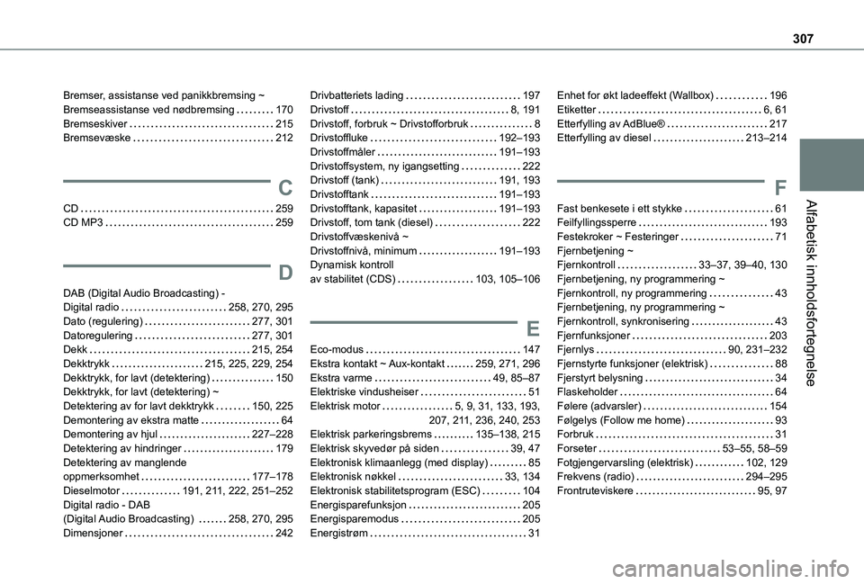 TOYOTA PROACE CITY EV 2021  Instruksjoner for bruk (in Norwegian) 307
Alfabetisk innholdsfortegnelse
Bremser, assistanse ved panikkbremsing ~ Bremseassistanse ved nødbremsing   170Bremseskiver   215Bremsevæske   212
C
CD   259CD MP3   259
D
DAB (Digital Audio Broa