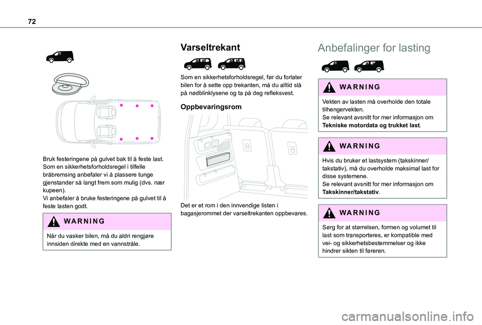 TOYOTA PROACE CITY EV 2021 Instruksjoner for bruk (in Norwegian) 72
Bruk festeringene på gulvet bak til å feste last.Som en sikkerhetsforholdsregel i tilfelle bråbremsing anbefaler vi å plassere tunge gjenstander så langt frem som mulig (dvs. nær kupee TOYOTA PROACE CITY EV 2021 Instruksjoner for bruk (in Norwegian) 72
Bruk festeringene på gulvet bak til å feste last.Som en sikkerhetsforholdsregel i tilfelle bråbremsing anbefaler vi å plassere tunge gjenstander så langt frem som mulig (dvs. nær kupee