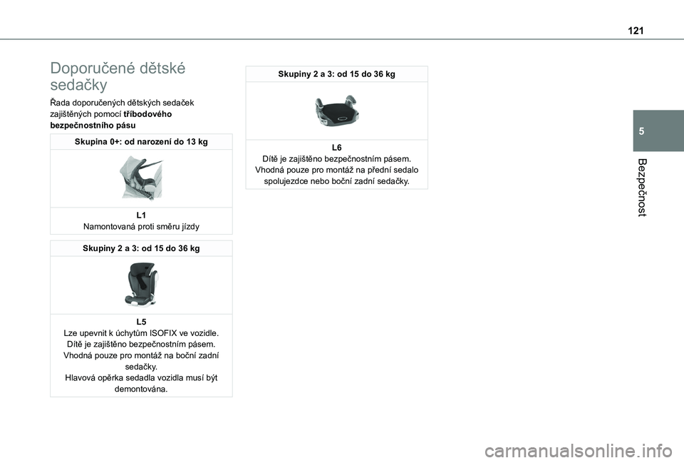 TOYOTA PROACE CITY EV 2021  Návod na použití (in Czech) 121
Bezpečnost
5
Doporučené dětské 
sedačky
Řada doporučených dětských sedaček zajištěných pomocí tříbodového bezpečnostního pásu
Skupina 0+: od narození do 13 kg 
 
L1Namontova
