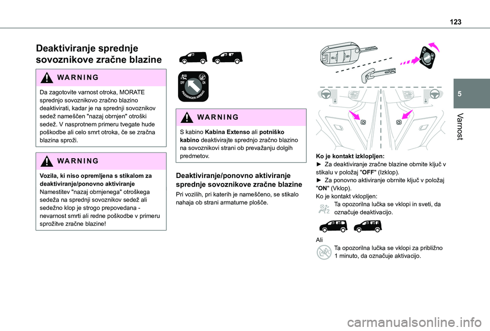 TOYOTA PROACE CITY EV 2021  Navodila Za Uporabo (in Slovenian) 123
Varnost
5
Deaktiviranje sprednje 
sovoznikove zračne blazine
WARNI NG
Da zagotovite varnost otroka, MORATE sprednjo sovoznikovo zračno blazino deaktivirati, kadar je na sprednji sovoznikov sede