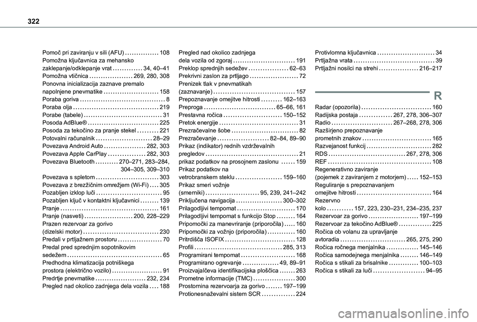 TOYOTA PROACE CITY EV 2021  Navodila Za Uporabo (in Slovenian) 322
Pomoč pri zaviranju v sili (AFU)   108Pomožna ključavnica za mehansko  zaklepanje/odklepanje vrat   34, 40–41Pomožna vtičnica   269, 280, 308Ponovna inicializacija zaznave premalo napolnjen