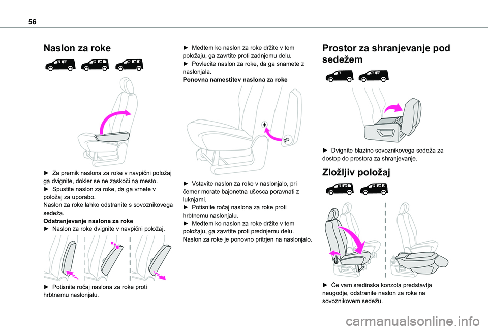 TOYOTA PROACE CITY EV 2021  Navodila Za Uporabo (in Slovenian) 56
Naslon za roke 
  
 
► Za premik naslona za roke v navpični položaj ga dvignite, dokler se ne zaskoči na mesto.► Spustite naslon za roke, da ga vrnete v položaj za uporabo.Naslon za roke la