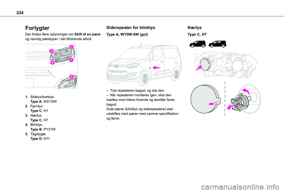TOYOTA PROACE CITY EV 2021  Brugsanvisning (in Danish) 234
Forlygter
Der findes flere oplysninger om Skift af en pære og navnlig pæretyper i det tilhørende afsnit. 
 
1.Sidelys/kørelys.Type A, W21/5W
2.Fjernlys.Type C, H1
3.Nærlys.Type C, H7
4.Blinkl