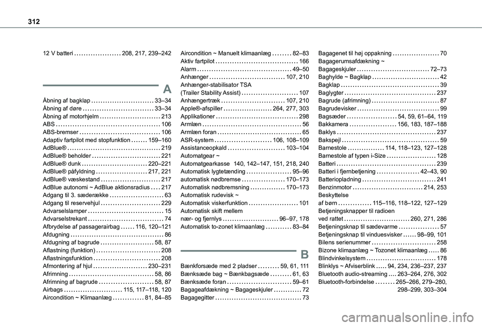 TOYOTA PROACE CITY EV 2021 Brugsanvisning (in Danish) 312
12 V batteri 208, 217, 239–242
A
Åbning af bagklap 33–34Åbning af døre 33–34Åbning af motorhjelm 213ABS 106ABS-bremser 106Adaptiv fartpilot med stopfunktion 159–160AdBlue TOYOTA PROACE CITY EV 2021 Brugsanvisning (in Danish) 312
12 V batteri 208, 217, 239–242
A
Åbning af bagklap 33–34Åbning af døre 33–34Åbning af motorhjelm 213ABS 106ABS-bremser 106Adaptiv fartpilot med stopfunktion 159–160AdBlue