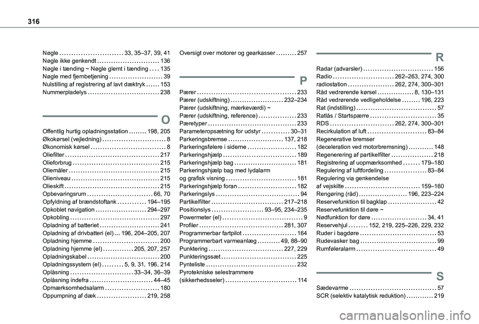 TOYOTA PROACE CITY EV 2021 Brugsanvisning (in Danish) 316
Nøgle 33, 35–37, 39, 41Nøgle ikke genkendt 136Nøgle i tænding ~ Nøgle glemt i tænding 135Nøgle med fjernbetjening 39Nulstilling af registrering af lavt dæktryk 153Nummerpladely TOYOTA PROACE CITY EV 2021 Brugsanvisning (in Danish) 316
Nøgle 33, 35–37, 39, 41Nøgle ikke genkendt 136Nøgle i tænding ~ Nøgle glemt i tænding 135Nøgle med fjernbetjening 39Nulstilling af registrering af lavt dæktryk 153Nummerpladely