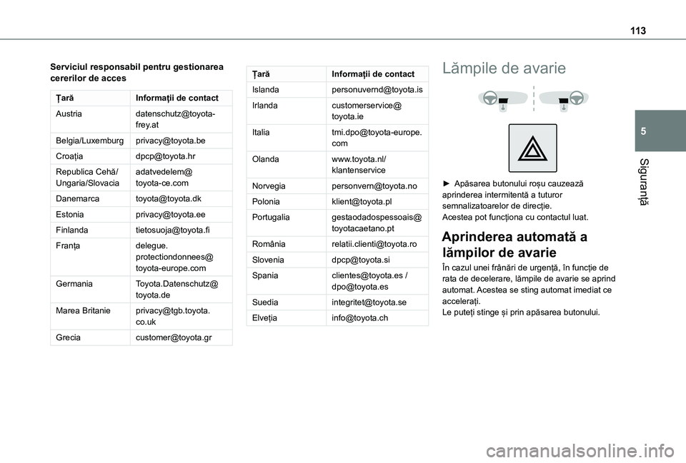 TOYOTA PROACE CITY EV 2021 Manual de utilizare (in Romanian) 11 3
Siguranță
5
Serviciul responsabil pentru gestionarea cererilor de acces
ȚarăInformații de contact
Austriadatenschutz@toyota-frey.at
Belgia/Luxemburgprivacy@toyota.be
Croațiadpcp@toyota.hr
R TOYOTA PROACE CITY EV 2021 Manual de utilizare (in Romanian) 11 3
Siguranță
5
Serviciul responsabil pentru gestionarea cererilor de acces
ȚarăInformații de contact
Austriadatenschutz@toyota-frey.at
Belgia/Luxemburgprivacy@toyota.be
Croațiadpcp@toyota.hr
R