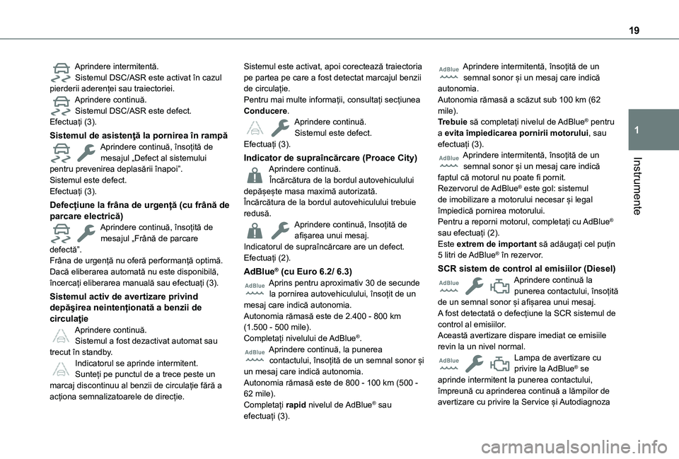 TOYOTA PROACE CITY EV 2021  Manual de utilizare (in Romanian) 19
Instrumente
1
Aprindere intermitentă.Sistemul DSC/ASR este activat în cazul pierderii aderenței sau traiectoriei.Aprindere continuă.Sistemul DSC/ASR este defect.Efectuați (3).
Sistemul de asis