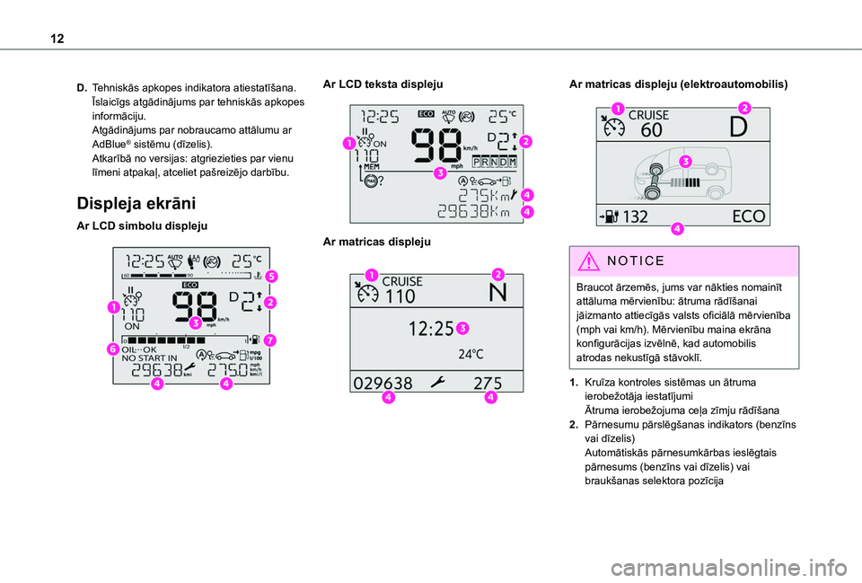 TOYOTA PROACE CITY EV 2021 Lietošanas Instrukcija (in Latvian) 12
D.Tehniskās apkopes indikatora atiestatīšana.Īslaicīgs atgādinājums par tehniskās apkopes informāciju.Atgādinājums par nobraucamo attālumu ar AdBlue® sistēmu (dīzelis).Atkarībā no TOYOTA PROACE CITY EV 2021 Lietošanas Instrukcija (in Latvian) 12
D.Tehniskās apkopes indikatora atiestatīšana.Īslaicīgs atgādinājums par tehniskās apkopes informāciju.Atgādinājums par nobraucamo attālumu ar AdBlue® sistēmu (dīzelis).Atkarībā no