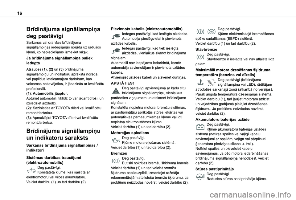 TOYOTA PROACE CITY EV 2021 Lietošanas Instrukcija (in Latvian) 16
Brīdinājuma signāllampiņa
deg pastāvīgi
Sarkanas vai oranžas brīdinājuma signāllampiņas iedegšanās norāda uz radušos kļūmi, ko nepieciešams izmeklēt sīkāk.
Ja brīdinājuma si TOYOTA PROACE CITY EV 2021 Lietošanas Instrukcija (in Latvian) 16
Brīdinājuma signāllampiņa
deg pastāvīgi
Sarkanas vai oranžas brīdinājuma signāllampiņas iedegšanās norāda uz radušos kļūmi, ko nepieciešams izmeklēt sīkāk.
Ja brīdinājuma si