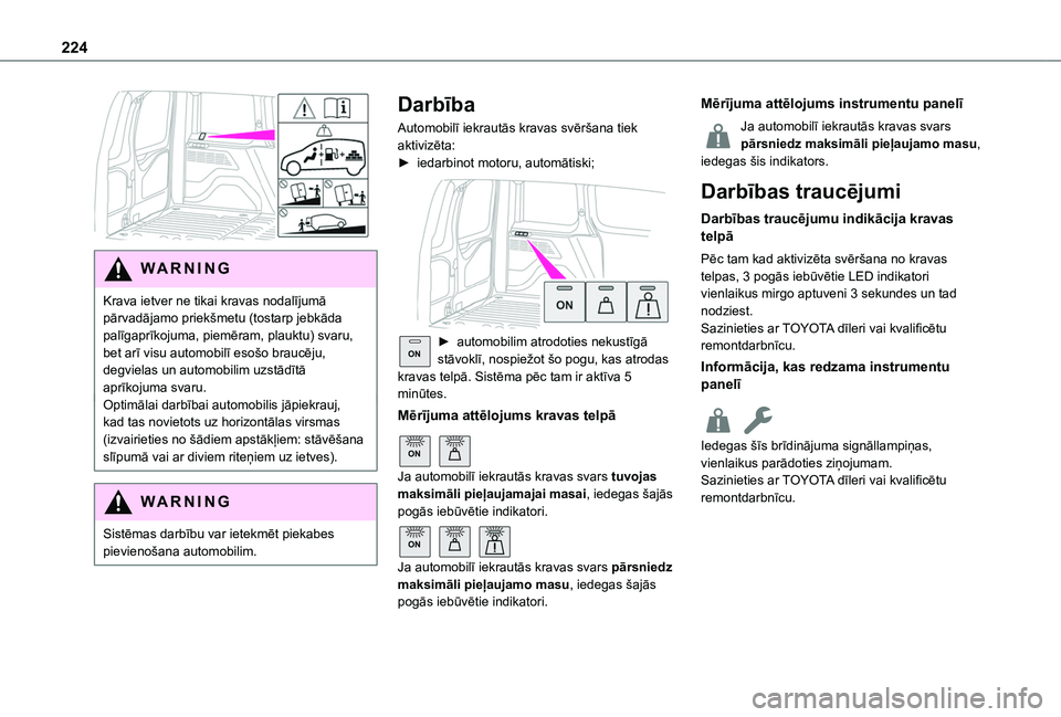 TOYOTA PROACE CITY EV 2021 Lietošanas Instrukcija (in Latvian) 224
WARNI NG
Krava ietver ne tikai kravas nodalījumā pārvadājamo priekšmetu (tostarp jebkāda palīgaprīkojuma, piemēram, plauktu) svaru, bet arī visu automobilī esošo braucēju, degvielas TOYOTA PROACE CITY EV 2021 Lietošanas Instrukcija (in Latvian) 224
WARNI NG
Krava ietver ne tikai kravas nodalījumā pārvadājamo priekšmetu (tostarp jebkāda palīgaprīkojuma, piemēram, plauktu) svaru, bet arī visu automobilī esošo braucēju, degvielas