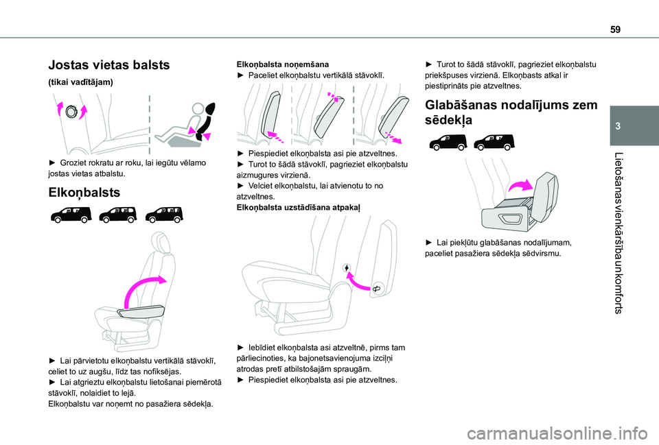 TOYOTA PROACE CITY EV 2021  Lietošanas Instrukcija (in Latvian) 59
Lietošanas vienkāršība un komforts
3
Jostas vietas balsts
(tikai vadītājam) 
 
► Groziet rokratu ar roku, lai iegūtu vēlamo jostas vietas atbalstu.
Elkoņbalsts 
  
 
► Lai pārvietotu 