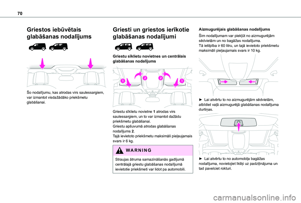 TOYOTA PROACE CITY EV 2021  Lietošanas Instrukcija (in Latvian) 70
Griestos iebūvētais 
glabāšanas nodalījums 
  
 
Šo nodalījumu, kas atrodas virs saulessargiem, var izmantot visdažādāko priekšmetu glabāšanai.
Griesti un griestos ierīkotie 
glabāš