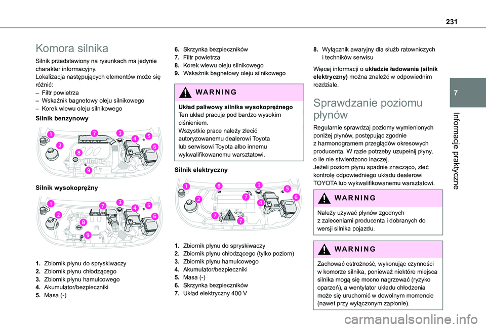 TOYOTA PROACE CITY EV 2021  Instrukcja obsługi (in Polish) 231
Informacje praktyczne
7
Komora silnika
Silnik przedstawiony na rysunkach ma jedynie charakter informacyjny.Lokalizacja następujących elementów może się różnić:– Filtr powietrza– Wskaź