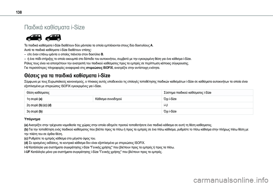 TOYOTA PROACE CITY EV 2021 ΟΔΗΓΌΣ ΧΡΉΣΗΣ (in Greek) 138
Παιδικά καθίσματα i-Size
Τα παιδικά καθίσματα i-Size διαθέτουν δύο μάνταλα τα οποία εμπλέκονται στους δύο δακτ TOYOTA PROACE CITY EV 2021 ΟΔΗΓΌΣ ΧΡΉΣΗΣ (in Greek) 138
Παιδικά καθίσματα i-Size
Τα παιδικά καθίσματα i-Size διαθέτουν δύο μάνταλα τα οποία εμπλέκονται στους δύο δακτ