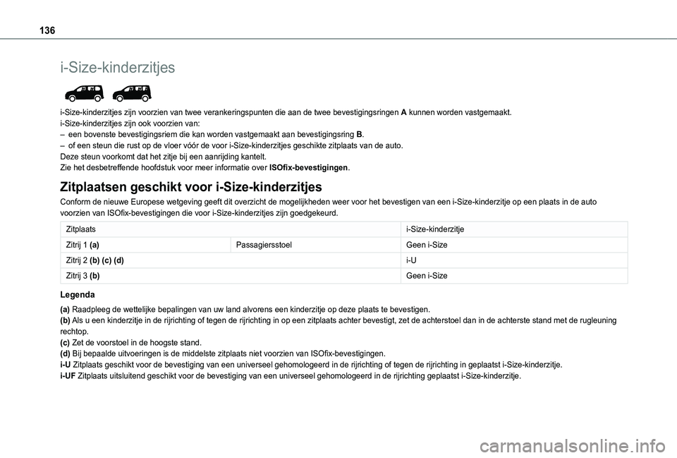 TOYOTA PROACE CITY EV 2021  Instructieboekje (in Dutch) 136
i-Size-kinderzitjes 
 
i-Size-kinderzitjes zijn voorzien van twee verankeringspunten die aan de\
 twee bevestigingsringen A kunnen worden vastgemaakt.i-Size-kinderzitjes zijn ook voorzien van:– 
