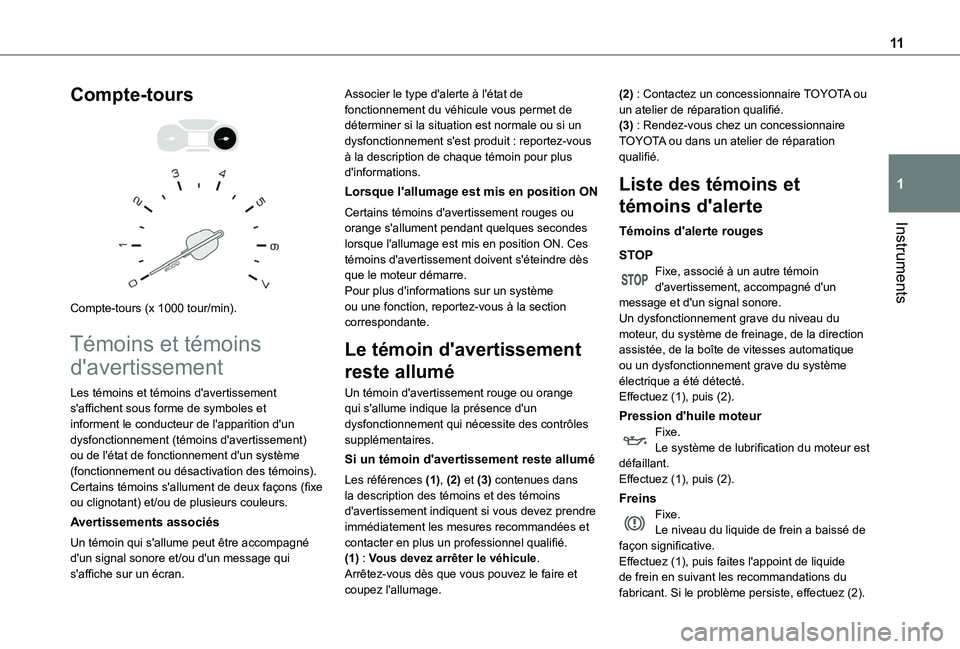 TOYOTA PROACE CITY VERSO 2020 Notices Demploi (in French) 11
Instruments
1
Compte-tours
Compte-tours (x 1000 tour/min).
Témoins et témoins
d'avertissement
Les témoins et témoins d'avertissement s'affichent sous forme de symboles et inf TOYOTA PROACE CITY VERSO 2020 Notices Demploi (in French) 11
Instruments
1
Compte-tours
Compte-tours (x 1000 tour/min).
Témoins et témoins
d'avertissement
Les témoins et témoins d'avertissement s'affichent sous forme de symboles et inf