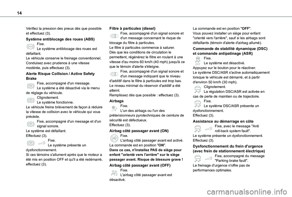 TOYOTA PROACE CITY VERSO 2020 Notices Demploi (in French) 14
Vérifiez la pression des pneus dès que possible et effectuez (3).
Système antiblocage des roues (ABS)Fixe.Le système antiblocage des roues est défaillant.Le véhicule conserve le freinage conv TOYOTA PROACE CITY VERSO 2020 Notices Demploi (in French) 14
Vérifiez la pression des pneus dès que possible et effectuez (3).
Système antiblocage des roues (ABS)Fixe.Le système antiblocage des roues est défaillant.Le véhicule conserve le freinage conv