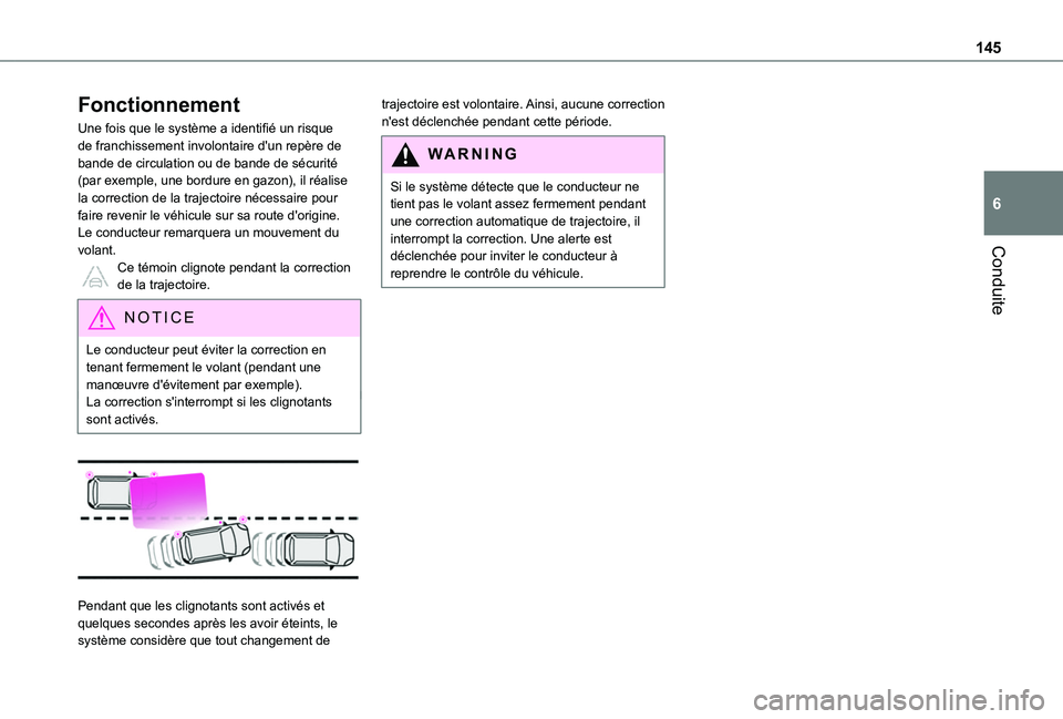 TOYOTA PROACE CITY VERSO 2020  Notices Demploi (in French) 145
Conduite
6
Fonctionnement
Une fois que le système a identifié un risque de franchissement involontaire d'un repère de bande de circulation ou de bande de sécurité (par exemple, une bordur