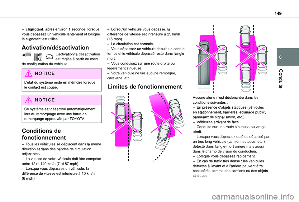 TOYOTA PROACE CITY VERSO 2020  Notices Demploi (in French) 149
Conduite
6
– clignotant, après environ 1 seconde, lorsque vous dépassez un véhicule lentement et lorsque le clignotant est utilisé.
Activation/désactivation
L'activation/la désactivati