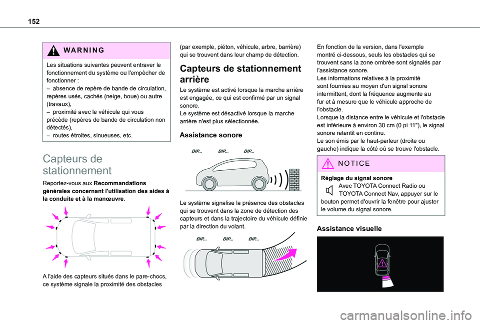 TOYOTA PROACE CITY VERSO 2020  Notices Demploi (in French) 152
WARNI NG
Les situations suivantes peuvent entraver le fonctionnement du système ou l'empêcher de fonctionner :– absence de repère de bande de circulation, repères usés, cachés (neige, 