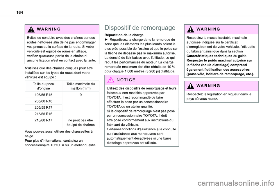 TOYOTA PROACE CITY VERSO 2020  Notices Demploi (in French) 164
WARNI NG
Évitez de conduire avec des chaînes sur des routes nettoyées afin de ne pas endommager vos pneus ou la surface de la route. Si votre véhicule est équipé de roues en alliage, vérifi