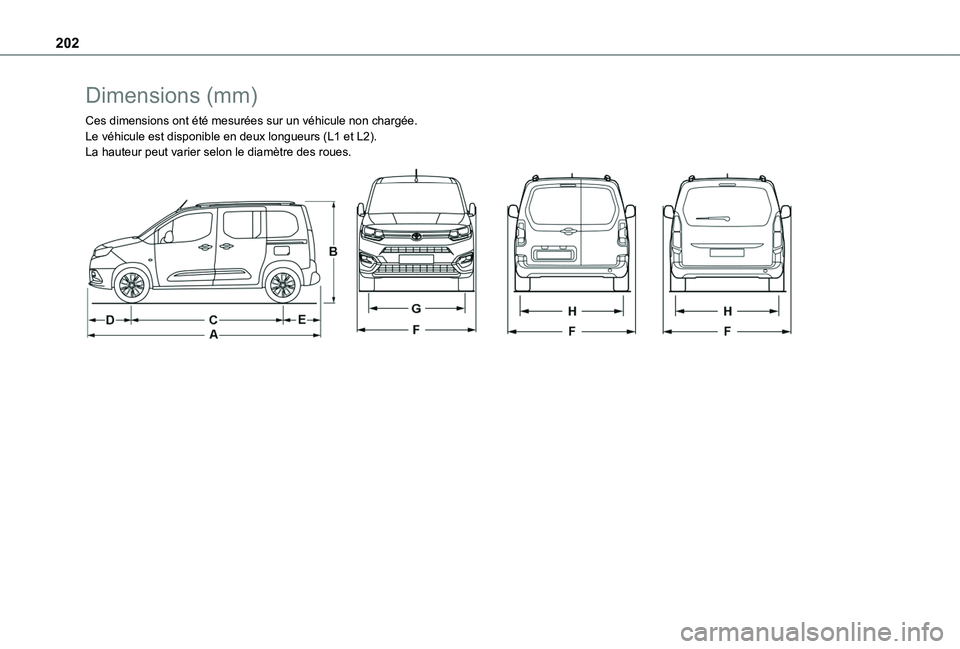 TOYOTA PROACE CITY VERSO 2020  Notices Demploi (in French) 202
Dimensions (mm)
Ces dimensions ont été mesurées sur un véhicule non chargé\
e.Le véhicule est disponible en deux longueurs (L1 et L2).La hauteur peut varier selon le diamètre des roues. 
  