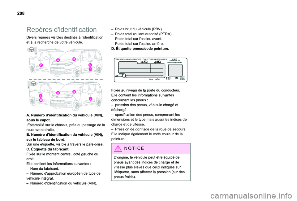 TOYOTA PROACE CITY VERSO 2020  Notices Demploi (in French) 208
Repères d'identification
Divers repères visibles destinés à l'identification et à la recherche de votre véhicule. 
 
A. Numéro d'identification du véhicule (VIN), sous le capot