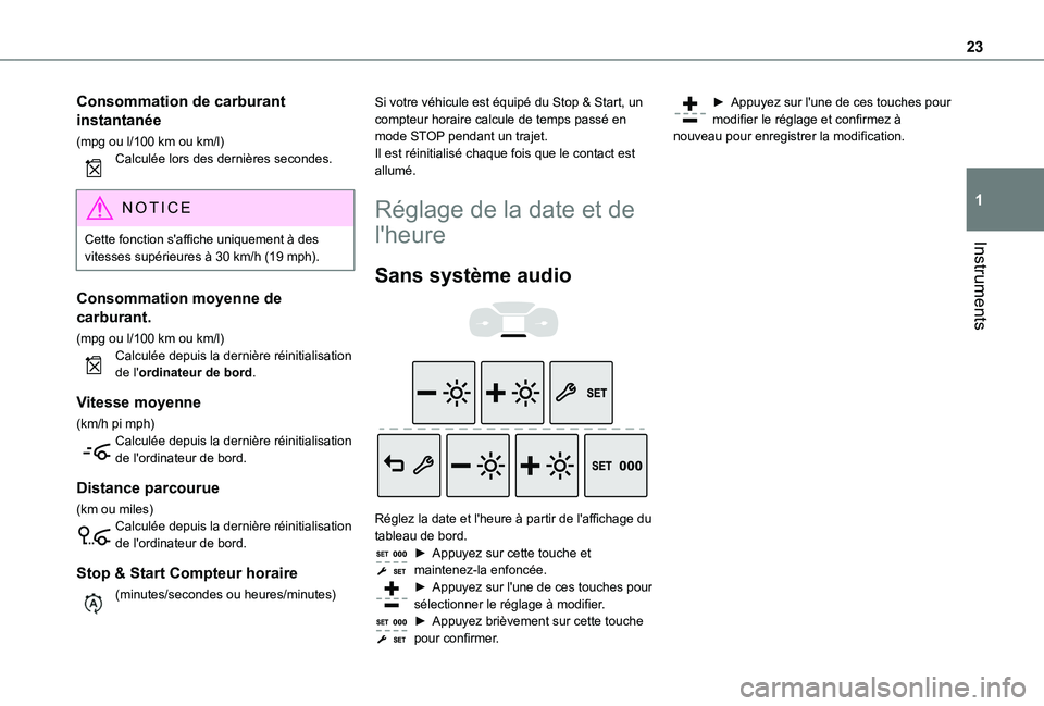 TOYOTA PROACE CITY VERSO 2020 Notices Demploi (in French) 23
Instruments
1
Consommation de carburant
instantanée
(mpg ou l/100 km ou km/l)Calculée lors des dernières secondes.
NOTIC E
Cette fonction s'affiche uniquement à des vitesses supérieures TOYOTA PROACE CITY VERSO 2020 Notices Demploi (in French) 23
Instruments
1
Consommation de carburant
instantanée
(mpg ou l/100 km ou km/l)Calculée lors des dernières secondes.
NOTIC E
Cette fonction s'affiche uniquement à des vitesses supérieures