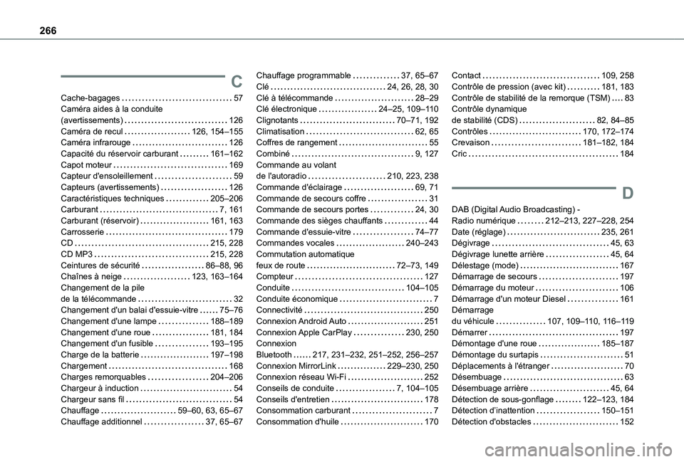 TOYOTA PROACE CITY VERSO 2020  Notices Demploi (in French) 266
C
Cache-bagages   57Caméra aides à la conduite  (avertissements)   126Caméra de recul   126, 154–155Caméra infrarouge   126Capacité du réservoir carburant   161–162Capot moteur   169Capt